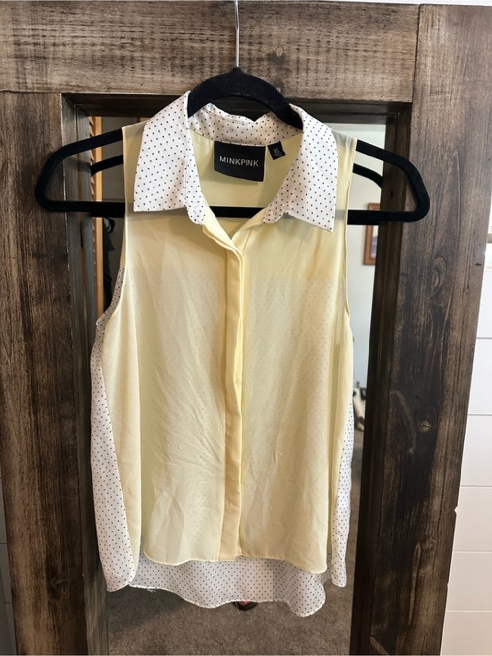 MINKPINK Butter Yellow Sleeveless Button-Front Top with White Polka Dot Trim